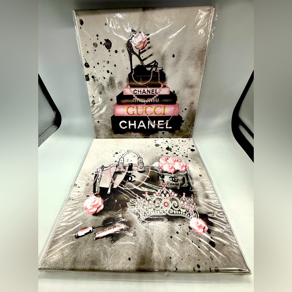 NEW 2Pc Sealed Designer Queen Pink & Black Canvas Prints, 10x10” Lightweight